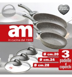 SET di 3 Padelle antiaderenti ad effetto pietra complete di coperchio in vetro dal diametro cm.20, cm.24 e cm.28 Cuore di Pietra