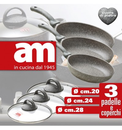 SET di 3 Padelle antiaderenti ad effetto pietra complete di coperchio in vetro dal diametro cm.20, cm.24 e cm.28 Cuore di Pietra