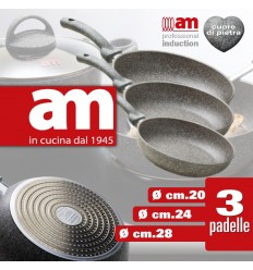 SET di 3 Padelle antiaderenti ad effetto pietra  idonee ai piani ad induzione dal diametro cm.20, cm.24 e cm.28 Cuore di Pietra