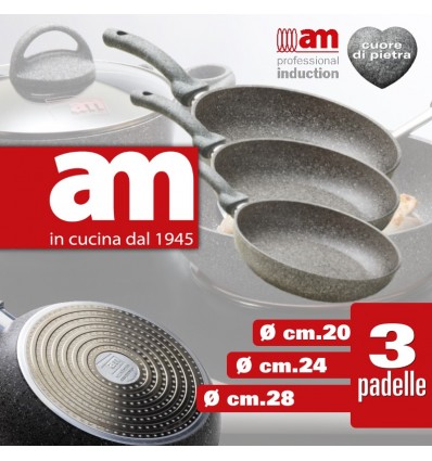 SET di 3 Padelle antiaderenti ad effetto pietra  idonee ai piani ad induzione dal diametro cm.20, cm.24 e cm.28 Cuore di Pietra