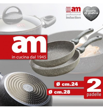 SET 2 Padelle antiaderenti ad effetto pietra  idonee ai piani di cottura ad induzione dal diametro cm.24 e cm.28 Cuore di Pietra
