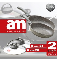 SET di 2 Padelle antiaderenti ad effetto pietra complete di coperchio in vetro dal diametro cm.24 e cm.28 Cuore di Pietra