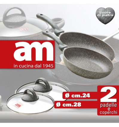 SET di 2 Padelle antiaderenti ad effetto pietra complete di coperchio in vetro dal diametro cm.24 e cm.28 Cuore di Pietra