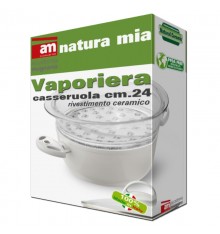 Casseruola 2 maniglie con rivestimento in ceramica cm-24 con vaporiera in vetro Pyrex  - Natura Mia